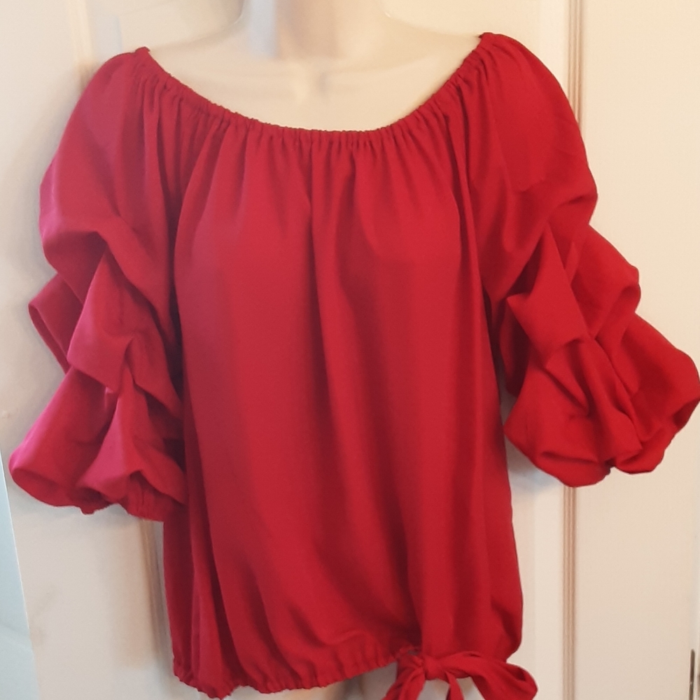 MSK Red Ruffle Sleeve Top - Picture 4 of 12